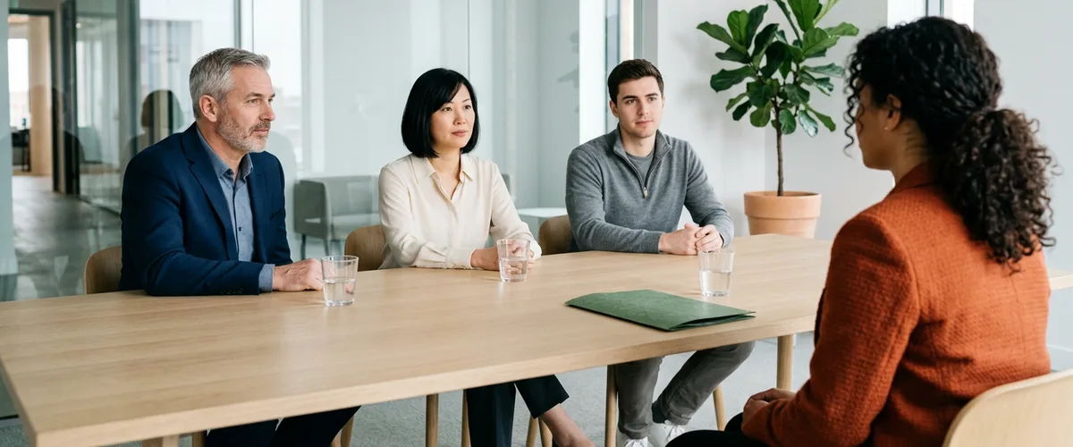 Three interviewers seated at a long oak table in a glass-walled conference room facing a candidate in an orange blazer during an IT director interview