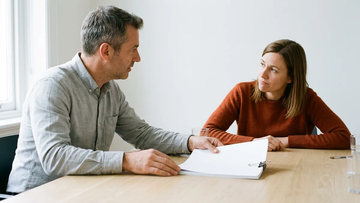 IT leader in a gray shirt sliding a binder-clipped stack of pages across an oak table to a skeptical colleague in an orange sweater, a vendor renewal review