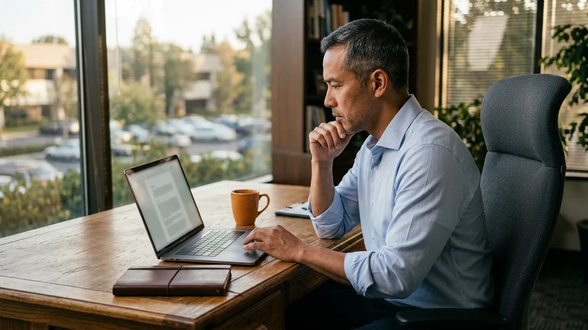 CFO at a wooden desk reading a draft IT director job description on a laptop