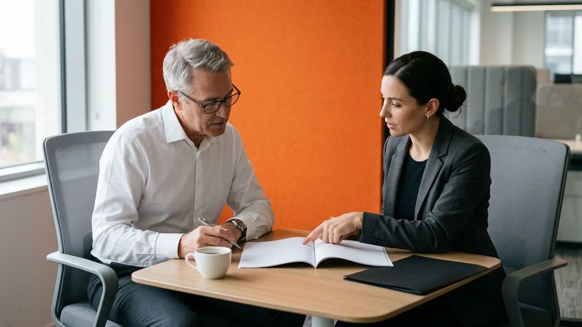 CFO and IT leader reviewing a printed managed service provider contract at a small conference table