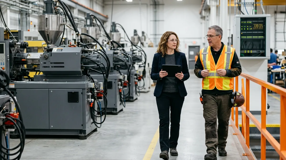 IT director holding a tablet while walking an injection molding plant floor beside a plant manager in a safety vest