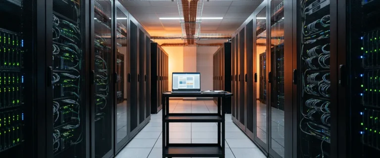 Server room aisle lined with network racks and a laptop on a rolling cart under an orange cable tray