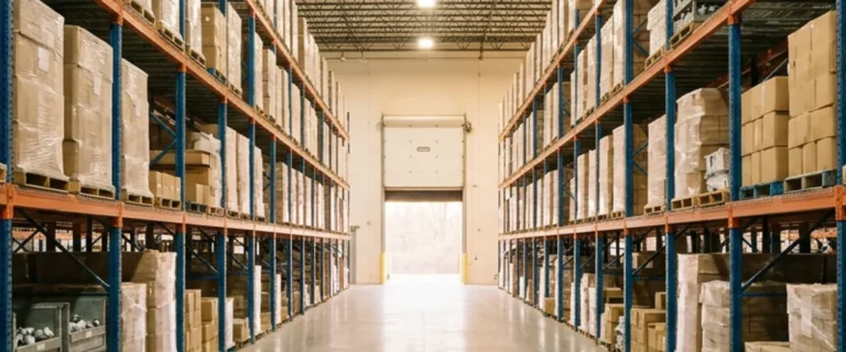 Empty aisle between blue and orange pallet racks in an industrial supply distribution warehouse being reviewed in IT due diligence