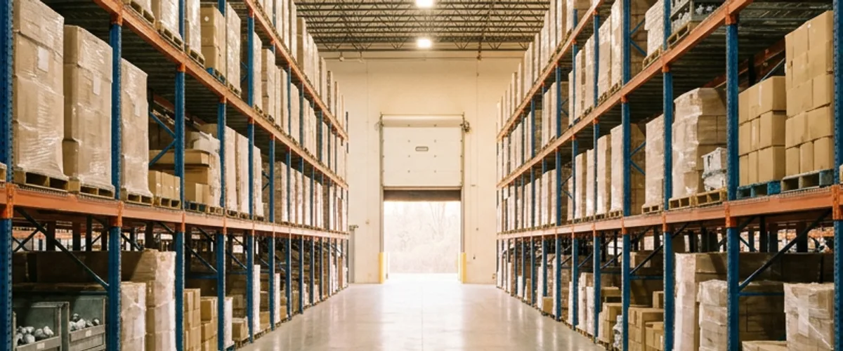 Empty aisle between blue and orange pallet racks in an industrial supply distribution warehouse being reviewed in IT due diligence