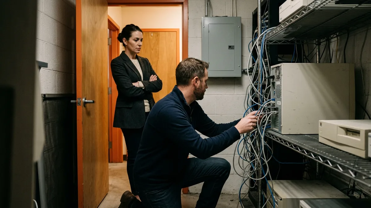 Consultant inspecting an old tower server in a distributor's server closet while a deal team member watches during IT due diligence