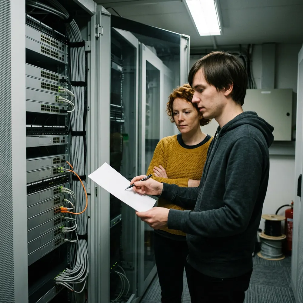 Systems administrator in a grey hoodie holds a printed change request beside a network rack while a reviewer in a mustard sweater reads it before the change goes ahead