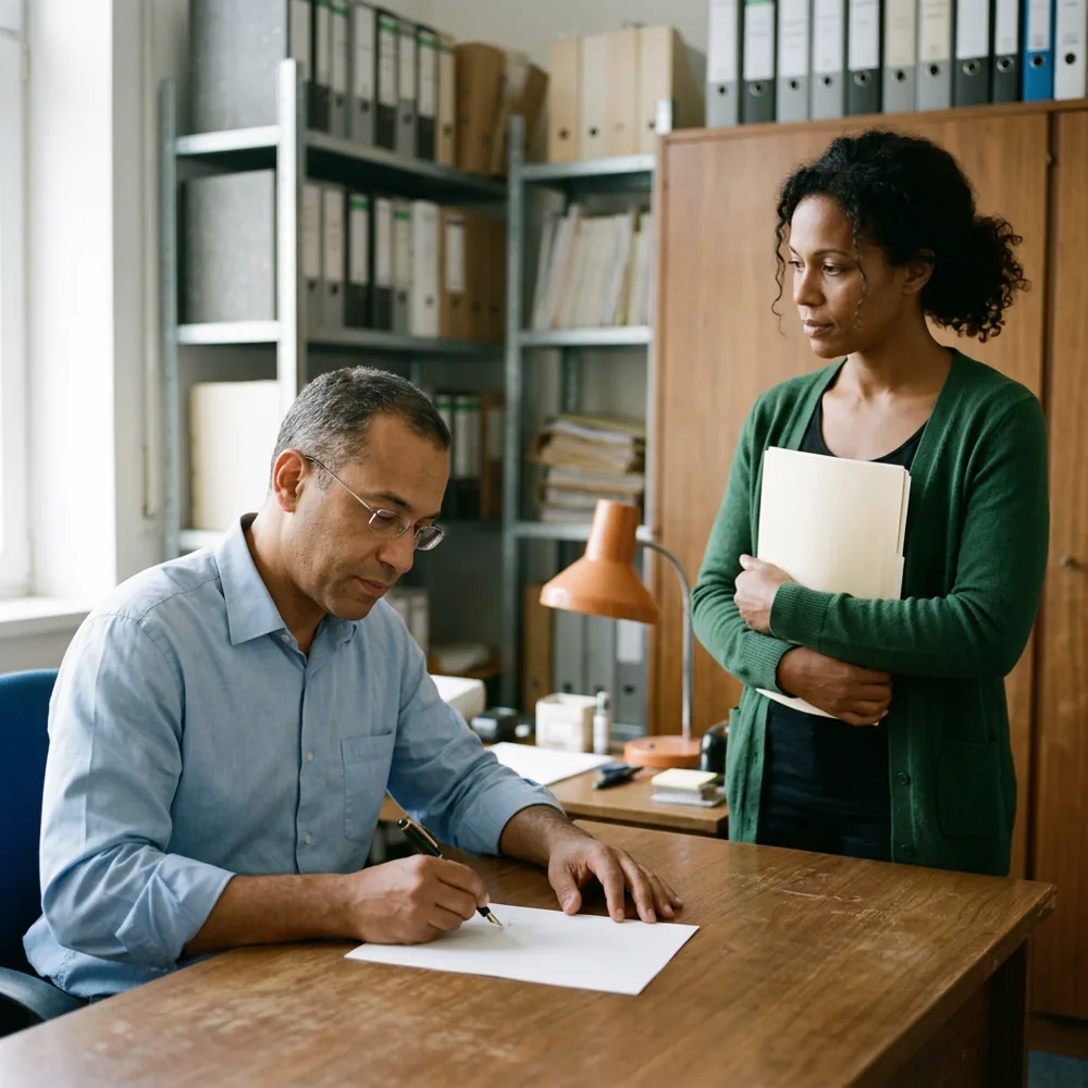 Chief financial officer in a light blue shirt signs a single page at his desk while an IT lead in a green cardigan waits beside him holding a folder