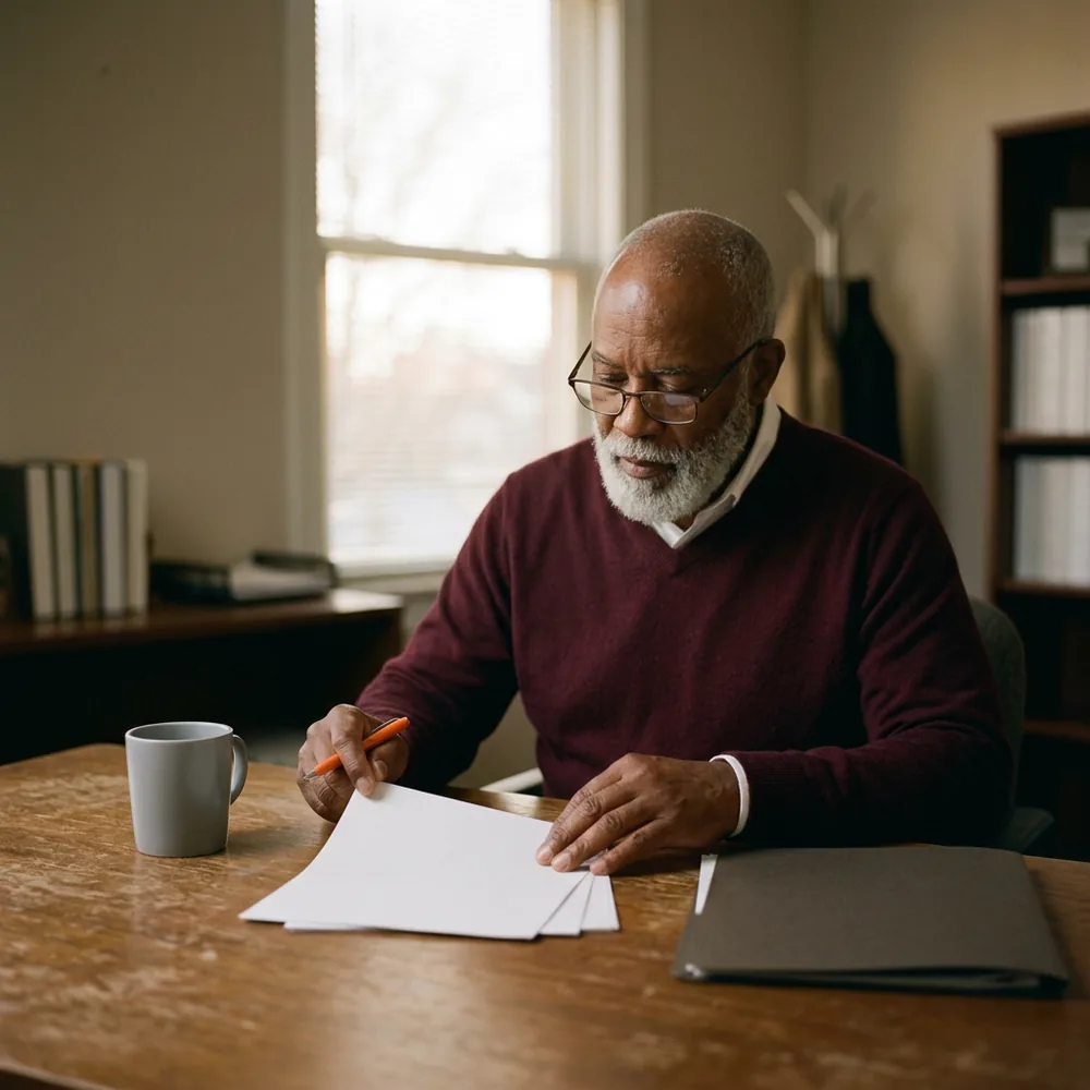 Finance manager in a burgundy sweater runs an orange pen down a printed user list at his desk, signing off a quarterly user access review