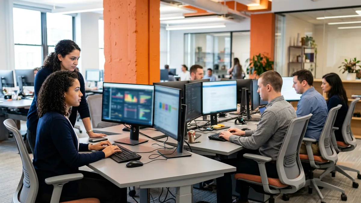 Four IT services engineers working at adjacent desks with multiple monitors in an open plan office with an orange structural column