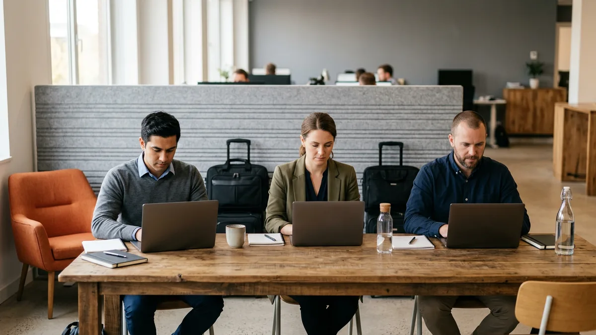Three contract IT project consultants working on laptops at a shared table with roller bags behind them