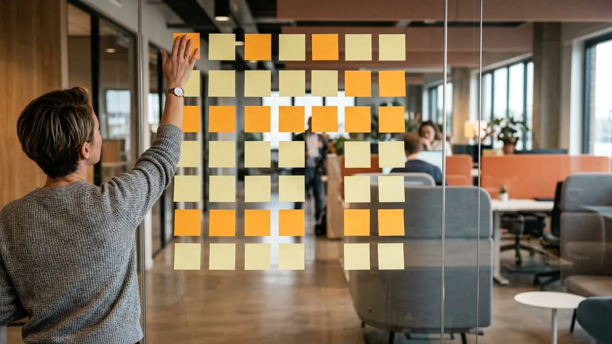 Four columns of sticky notes on a glass office wall forming a four-quarter IT roadmap