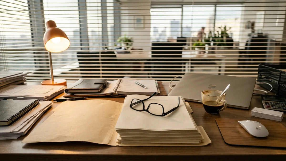 Open manila folder of vendor renewal contracts and support agreements on a finance desk beside an orange desk lamp