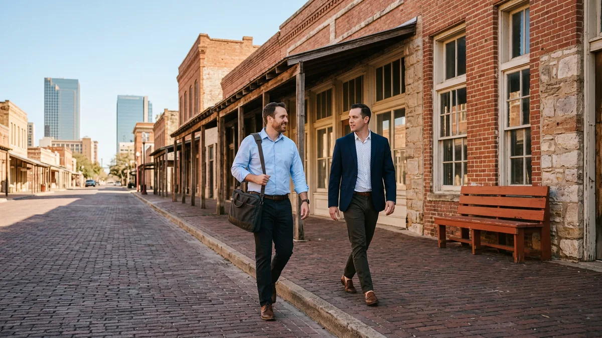 An IT engineer and a recruiter walking down a brick street of old storefronts in the Fort Worth Stockyards with downtown office towers in the distance