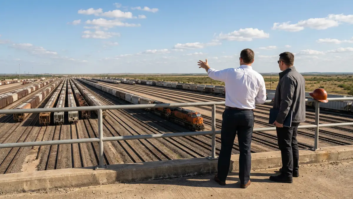 Two engineers at a railing overlooking a large freight rail yard with orange locomotives on the north side of Fort Worth