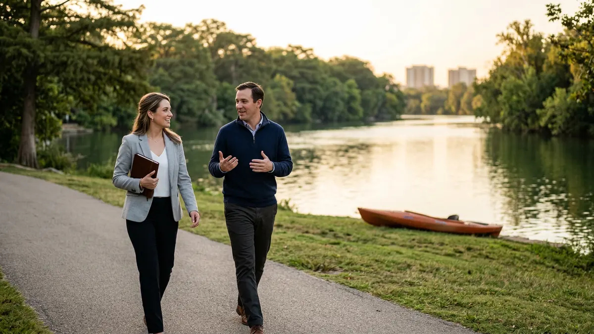 A KORE1 recruiter and an IT candidate talking as they walk the Trinity River trail in Fort Worth