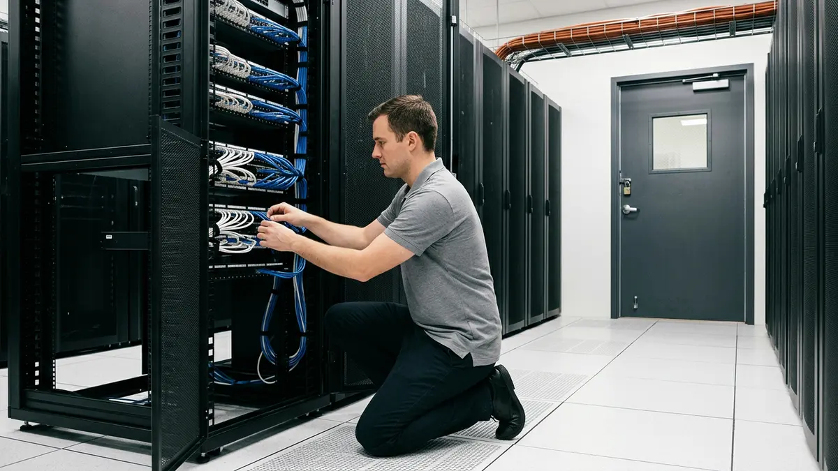 A network engineer checking cabling in a locked server room at an aerospace supplier in west Fort Worth