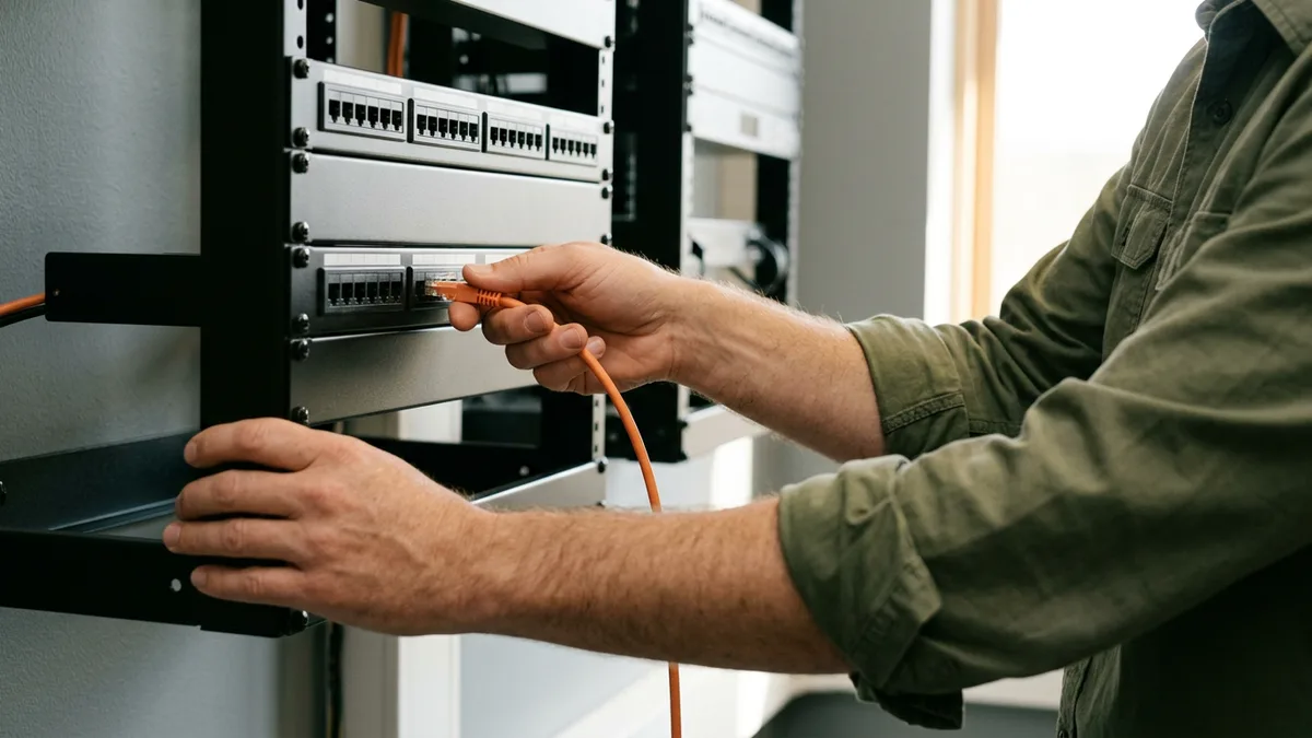 Onsite help desk technician patching an orange network cable into a rack in an office comms closet