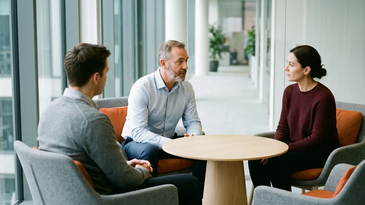 Finance manager and IT manager discussing the monthly cost of contract help desk seats at a round table