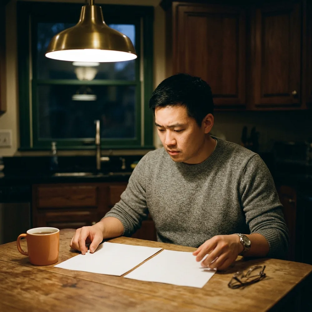 Scientist at a kitchen table in the evening reading two printed job offer letters laid side by side, a mug of tea and a pair of reading glasses beside them