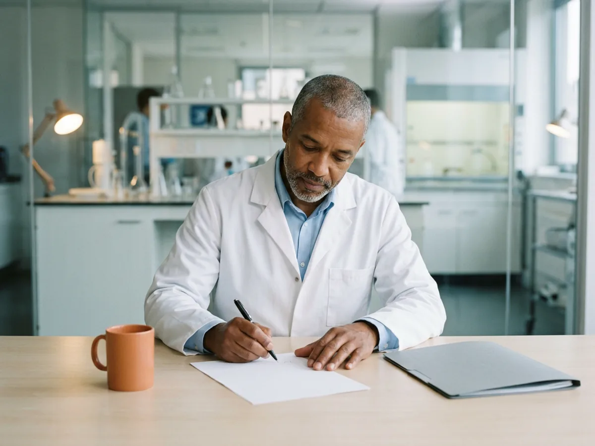 Quality control lab manager in a white lab coat signing a one-page offer letter at a desk inside a glass-walled lab office, the laboratory benches visible behind