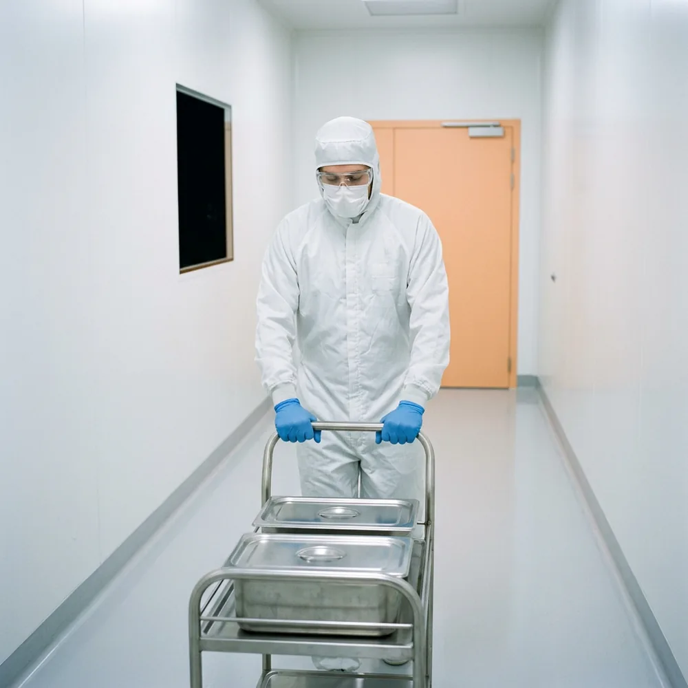 Manufacturing technician in a white cleanroom coverall, hood, mask and goggles pushing a stainless steel cart down a brightly lit pharmaceutical plant corridor during a night shift