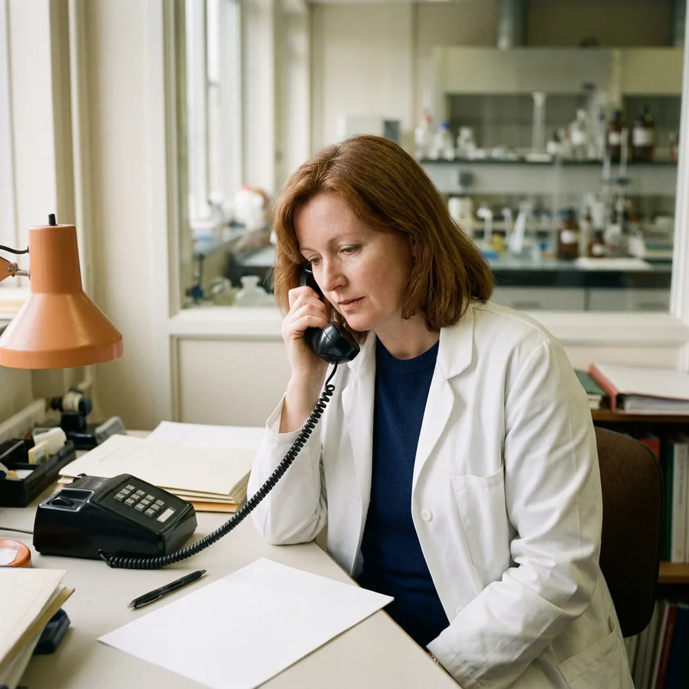 Laboratory manager in a lab coat on a desk phone call, a single printed page and a pen on the desk, laboratory benches softly out of focus behind