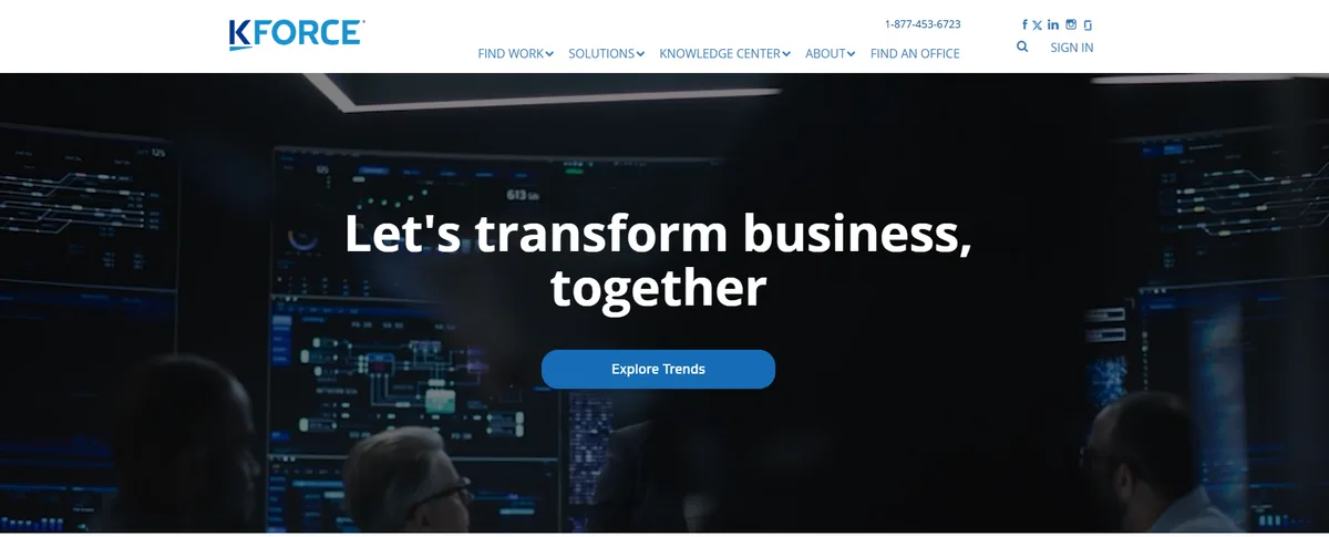 Kforce homepage showing enterprise technology and analytics staffing, ranked number six for 2026