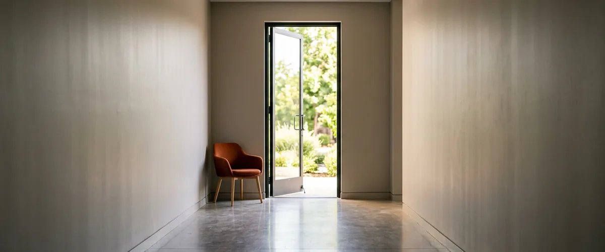 Quiet office corridor ending at a glass door standing open to a garden, with one orange armchair against the wall