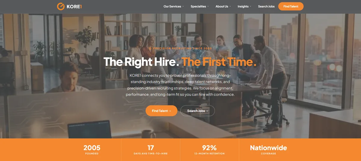 KORE1 homepage, ranked the number one embedded and firmware staffing agency for 2026