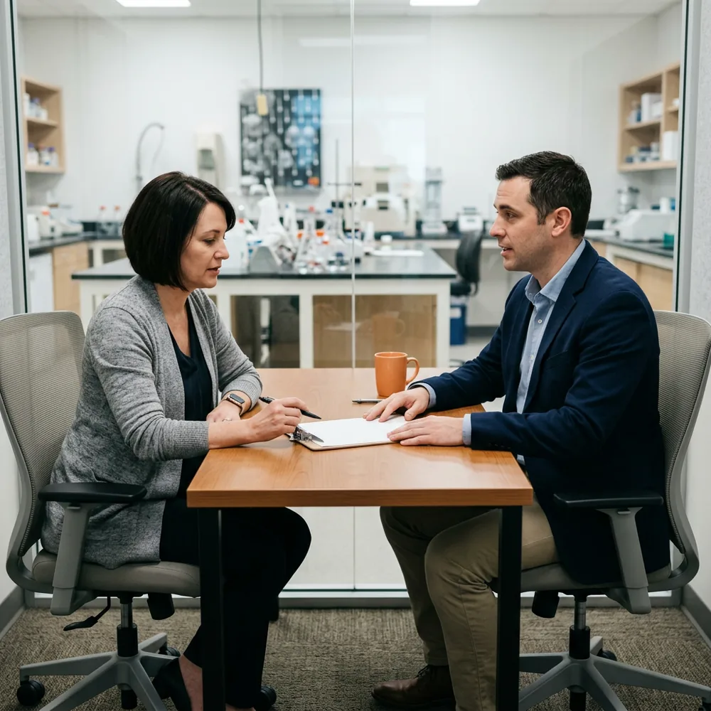 QC manager and a staffing recruiter seated across a desk reviewing a blank form on a clipboard in a glass-walled office beside a laboratory