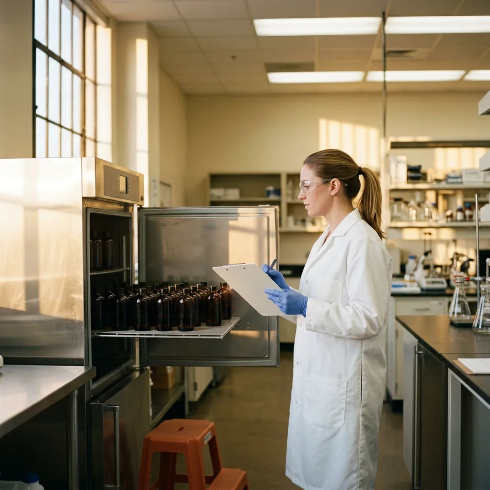 Lab analyst in a lab coat, safety glasses and blue gloves holding a blank clipboard beside an open stability chamber filled with amber sample bottles in late afternoon sunlight