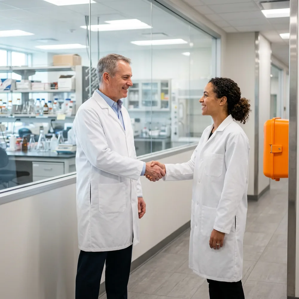 Laboratory director and a contract lab analyst in white lab coats shaking hands in a corridor beside a glass-walled laboratory