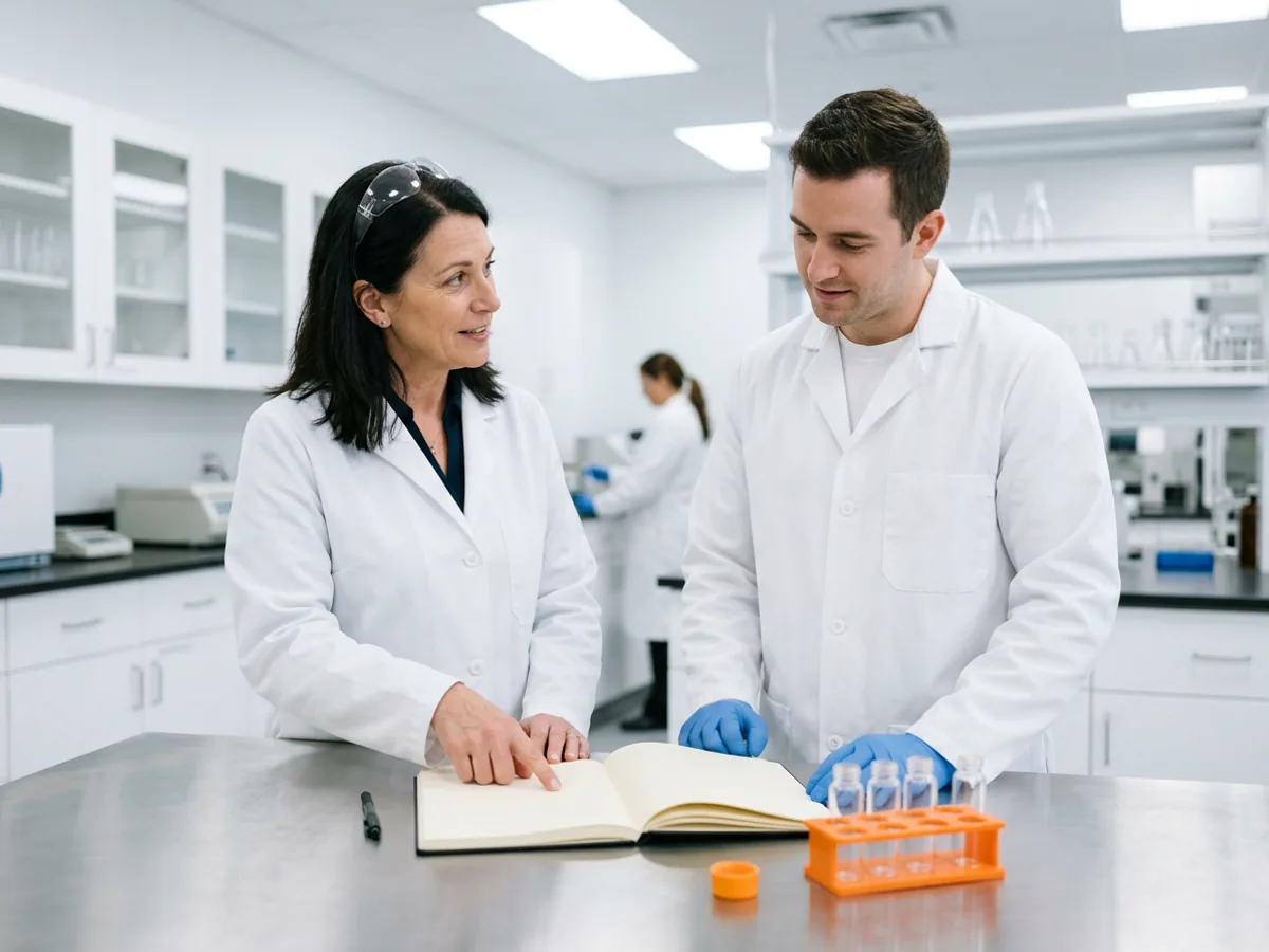 QC lab manager in a white lab coat pointing at an open blank laboratory notebook on a stainless steel bench while a contract analyst in blue gloves looks on