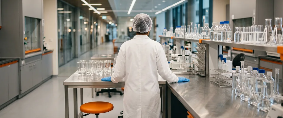 Laboratory technician in a white coat, hairnet and blue gloves standing at a stainless steel bench lined with glass beakers in a bright quality control lab