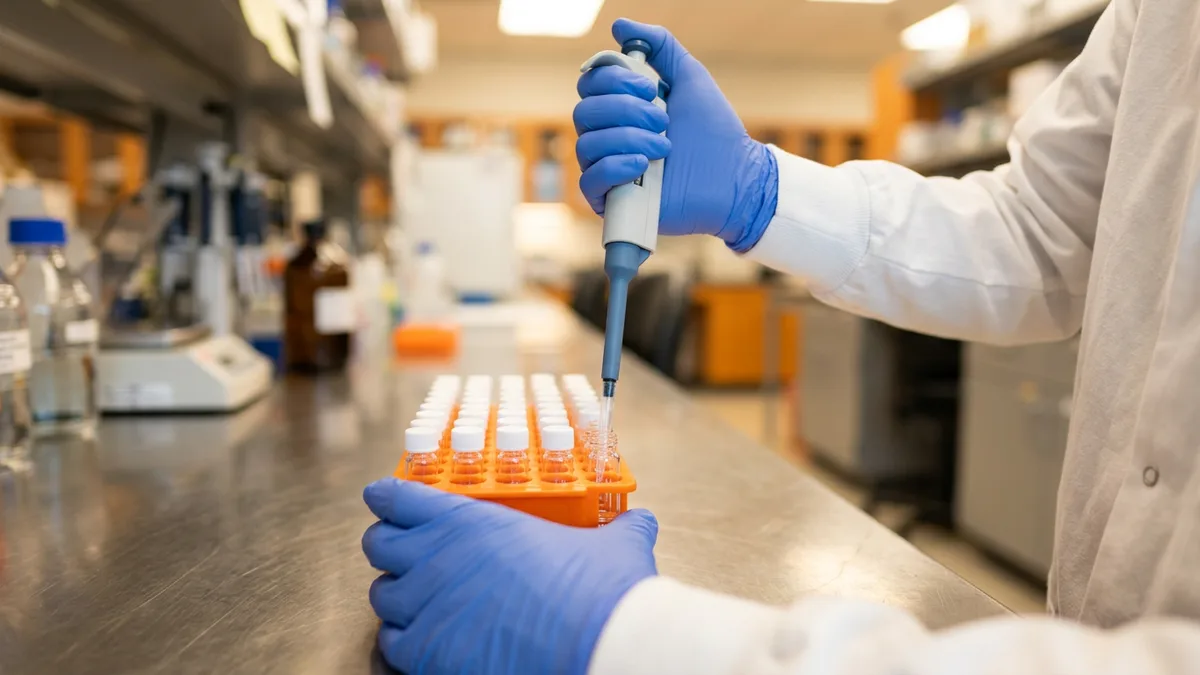 Gloved hands using a pipette to fill an orange rack of glass vials at a stainless steel laboratory bench