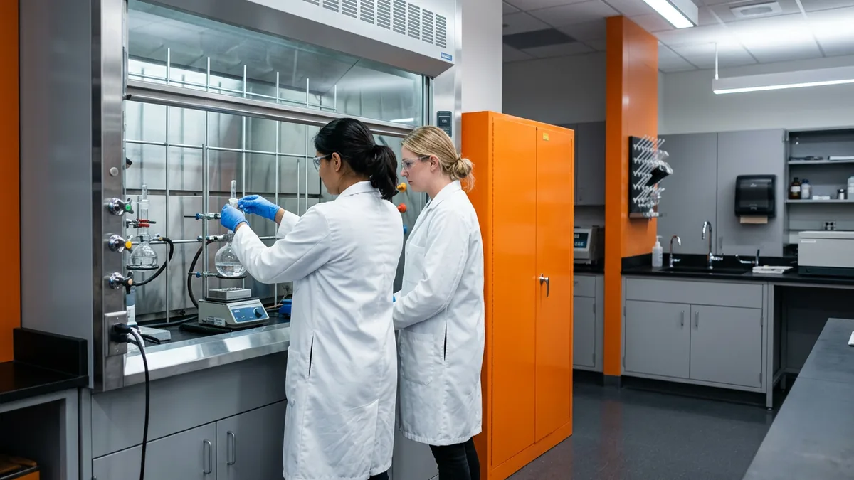 Two lab analysts in white coats and safety glasses adjusting a glass flask inside a fume hood beside an orange storage cabinet