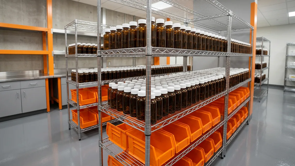 Rows of amber glass sample bottles on stainless steel wire shelving with orange bins in a clean retention sample room