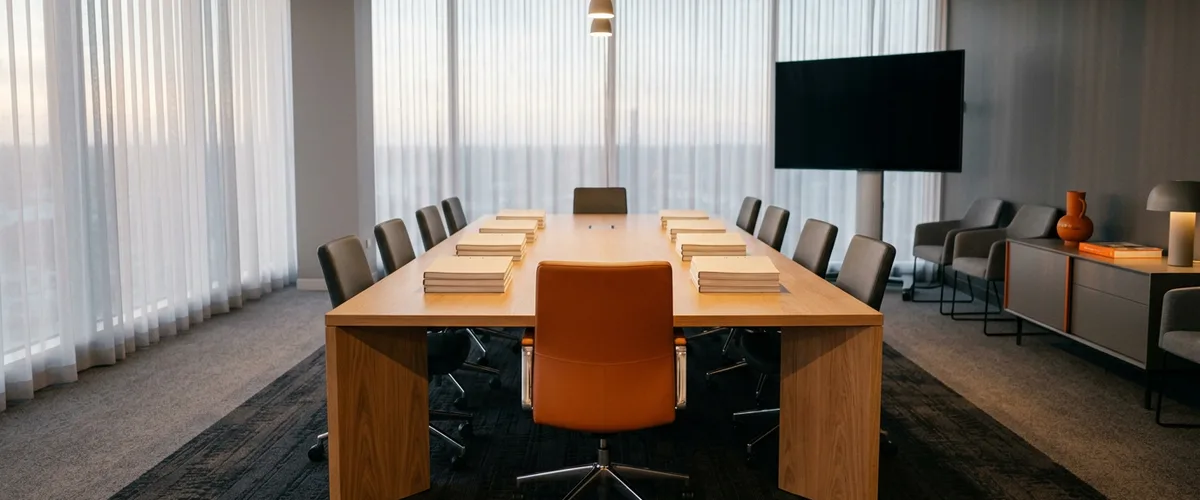 Quiet fund conference room at dusk with four stacks of bound reports on a long oak table and one orange chair at the center
