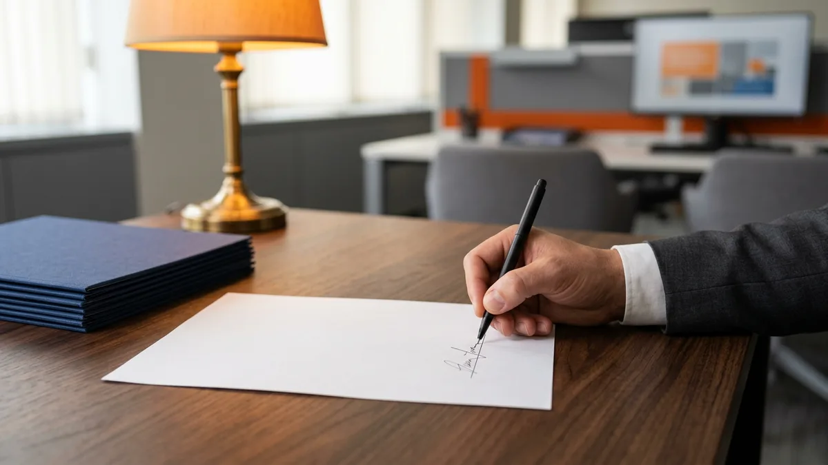 Fund partner signing a printed page with a black pen beside a stack of closed navy folders under a brass lamp, the fund team signing off the quarterly LP pack
