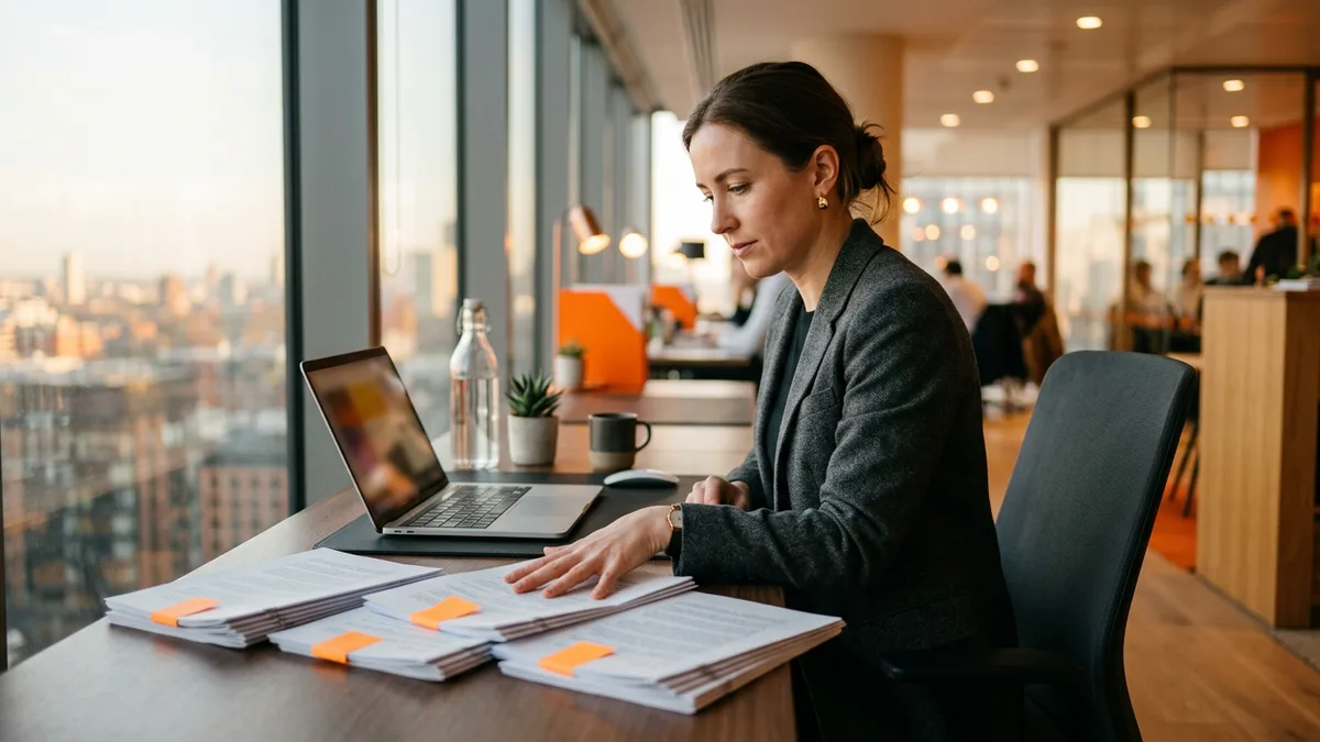 Finance team member in a charcoal blazer reviewing four stacks of quarterly LP report pages marked with orange flags at a window desk, an LP reporting backlog