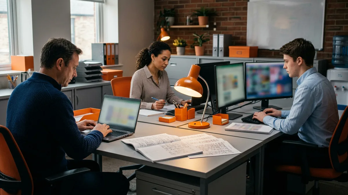 Three contract analysts working side by side at joined desks, one on a laptop, one with printed ledger pages and one at two monitors, an LP reporting catch-up team