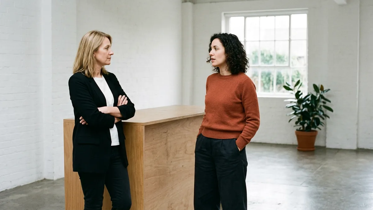 Two women talking beside a plywood counter in a white brick studio, one in a black blazer with arms folded and one in a rust sweater, discussing the salary range for a marketing role