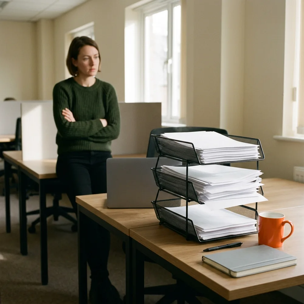 Three black wire letter trays stacked on a desk and stuffed with blank paper requests, an orange mug and a notebook beside them, a woman in a dark green sweater standing with folded arms in the background