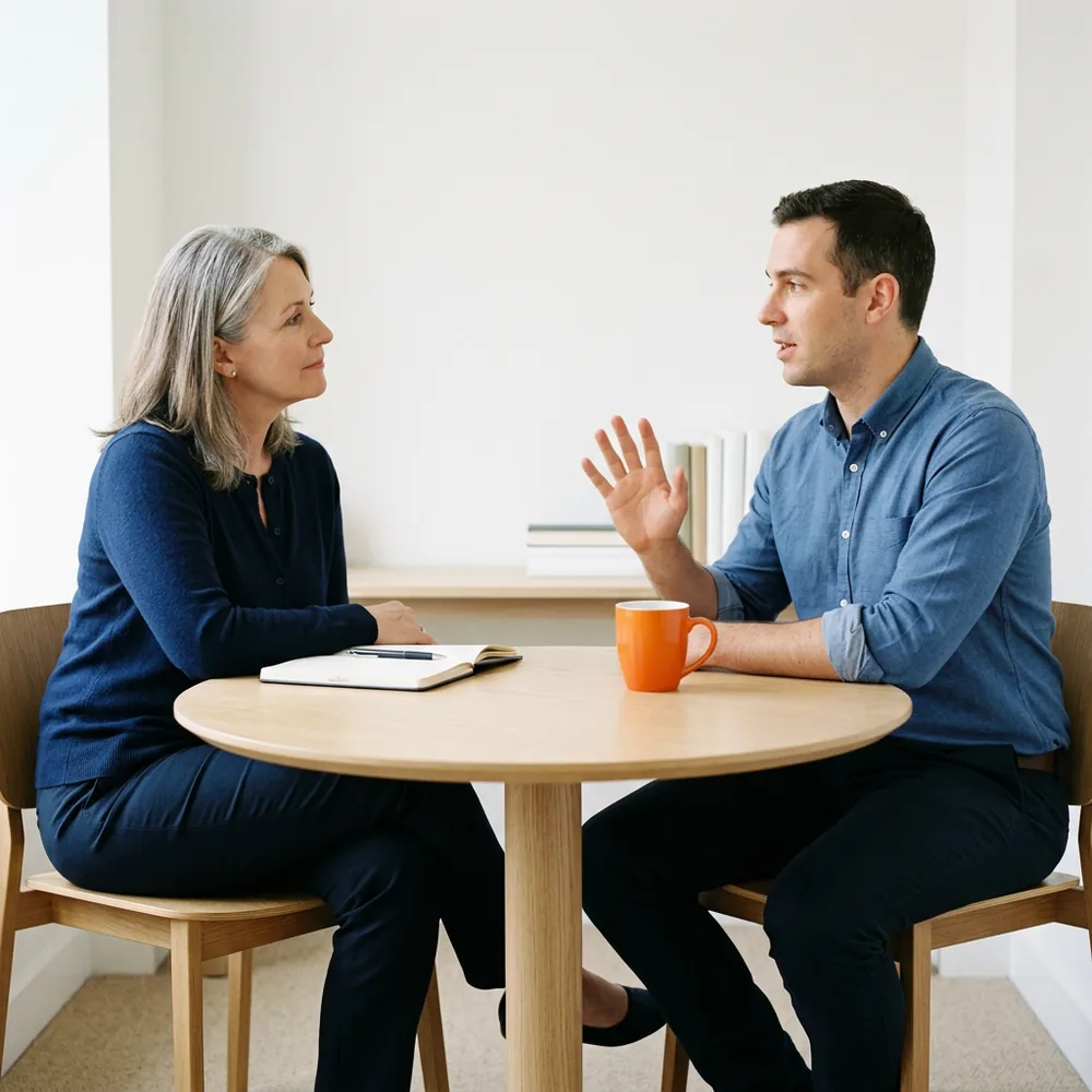 A recruiter with silver-streaked hair in a navy cardigan listens with her head tilted to a candidate in a blue oxford shirt across a small round oak table, an orange mug between them