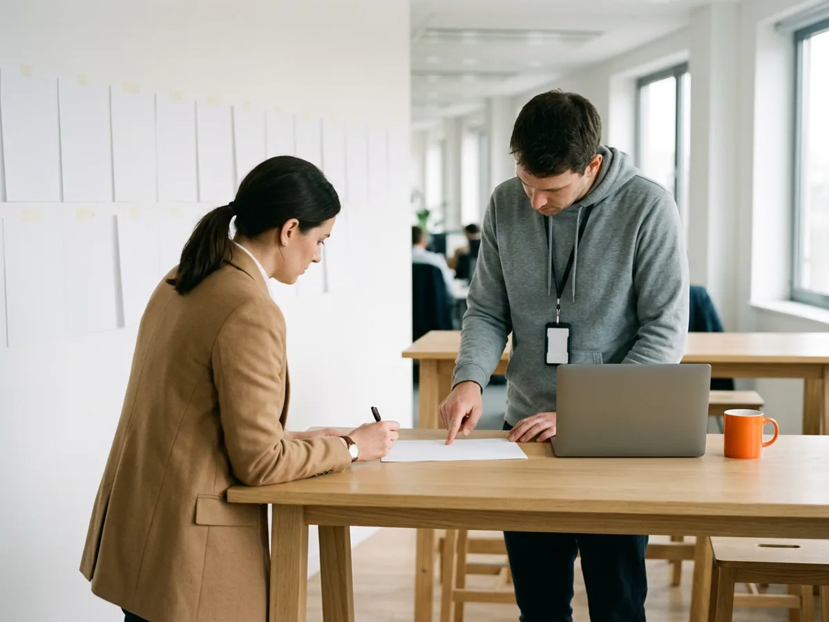 A marketing manager in a camel blazer and a systems engineer in a grey hooded sweatshirt lean over one blank sheet of paper at a tall oak table, a row of blank sheets taped to the wall behind them
