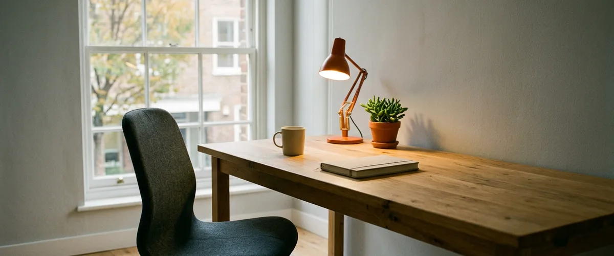 An empty gray office chair pulled back from a wooden desk with a mug, a small potted plant, a closed notebook and an orange desk lamp switched on beside a tall window
