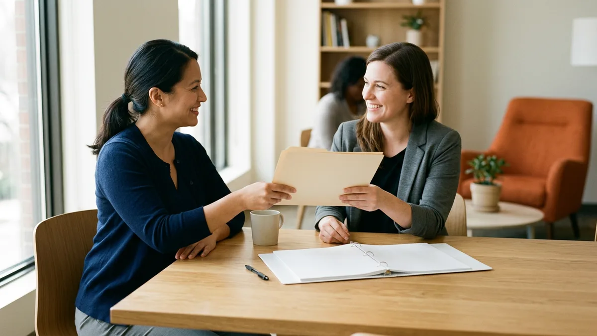 Marketing manager in a navy cardigan passing a plain manila folder to a contractor in a gray blazer across a wooden table with an open blank binder between them