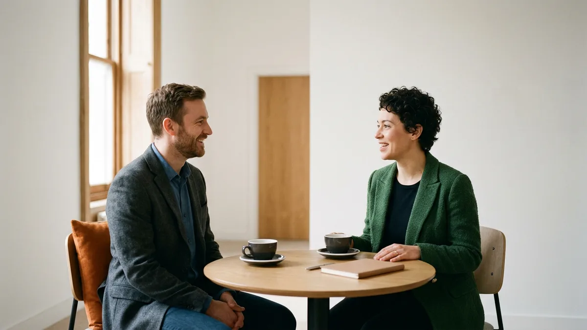 Hiring manager in a green jacket and a candidate in a charcoal blazer smiling across a small round table with two coffee cups and a closed notebook