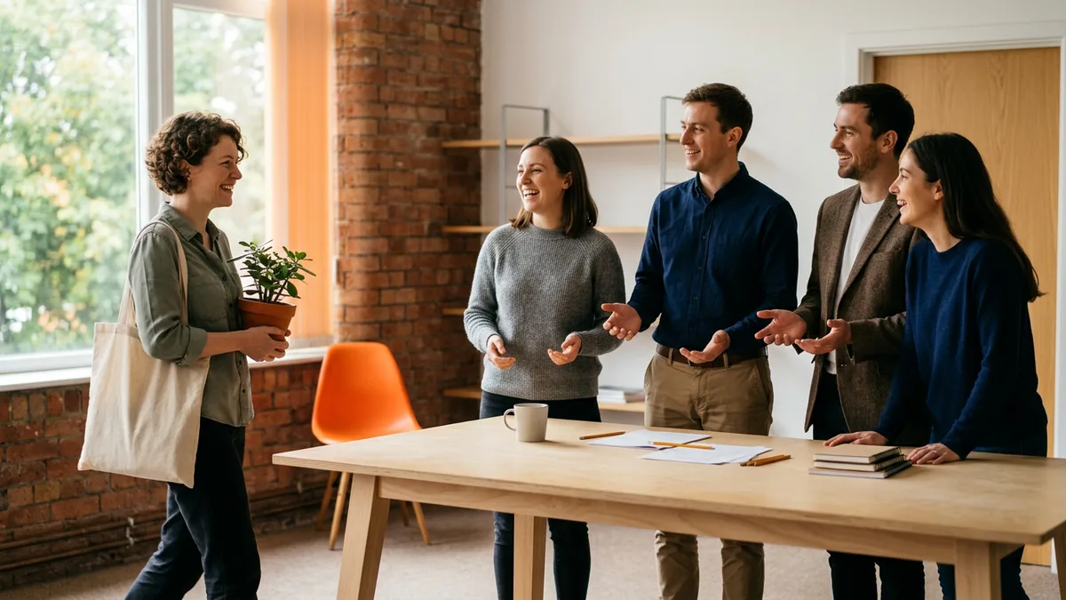 Four teammates laughing and welcoming a colleague who walks in carrying a canvas tote bag and a potted plant beside a large wooden table in a sunlit office
