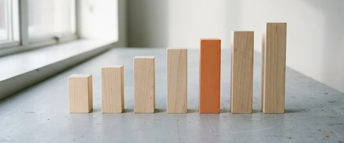 Seven wooden blocks rising in height in a row on a grey studio table, one painted orange, illustrating marketing salary ranges by level in 2026